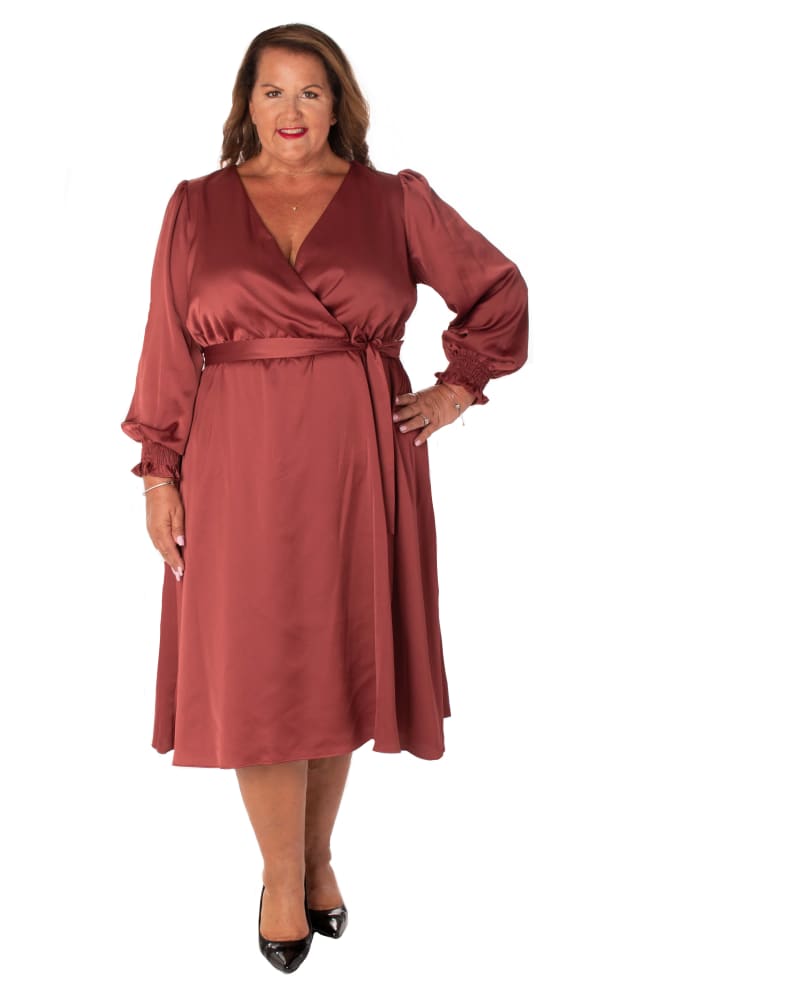 Plus size model wearing Monica Satin Wrap Dress by Taylor | Dia&Co | dia_product_style_image_id:175121